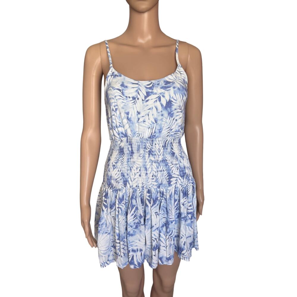 Tropical Smocked Mini Dress Blue White Beachy Sundress Coastal Resort Cottage S